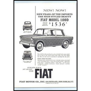 1963 Fiat 1100D 4 Door Sedan Vintage Print Ad Italy Italian Car Wall Art